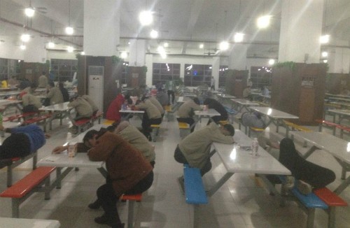 Công nhân ngủ trong phòng ăn của nhà máy.