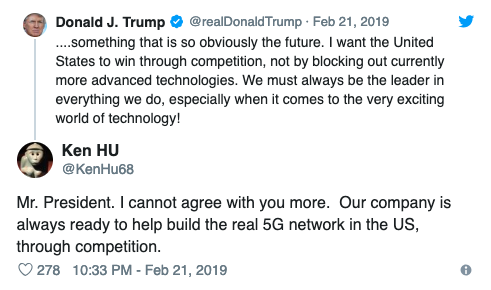 Tweet cá»§a Ã´ng Trump vÃ  pháº£n há»i cá»§a Äáº¡i diá»n Huawei.