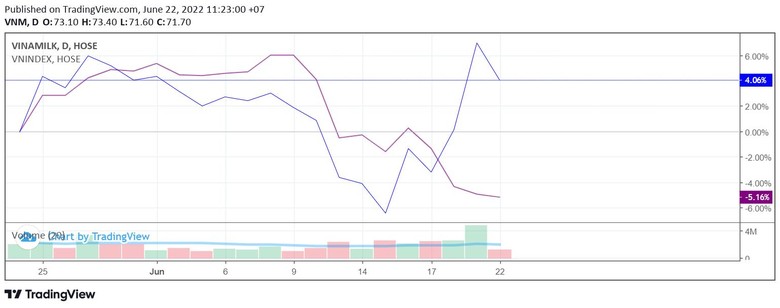 Giá cổ phiếu VNM trong tương quan với VN-Index trong 1 tháng. (VNM: Đường kẻ xanh, VN-Index: Đường kẻ tím). Nguồn: TradingView