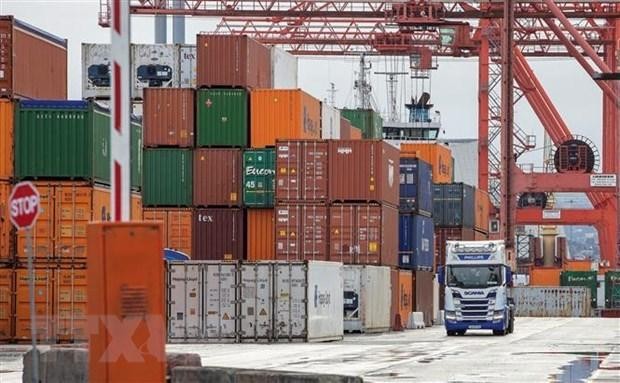 Hoạt động bốc dỡ container hàng hóa tại cảng ở Dublin, Ireland. Ảnh: AFP/TTXVN