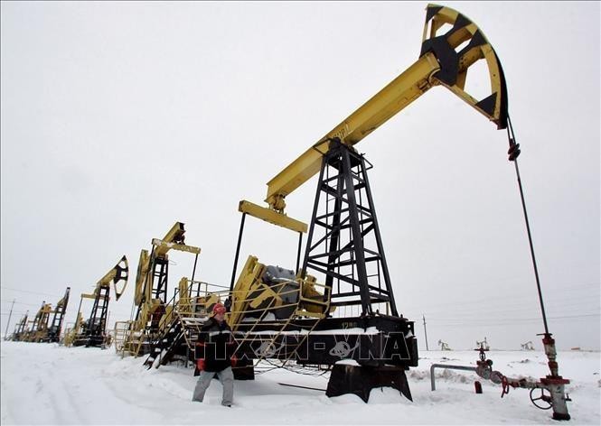 Hoạt động khai thác dầu tại giếng dầu Gremikhinskoye, miền Đông Izhevsk, gần vùng núi Ural, Liên bang Nga. Ảnh: REUTERS/TTXVN