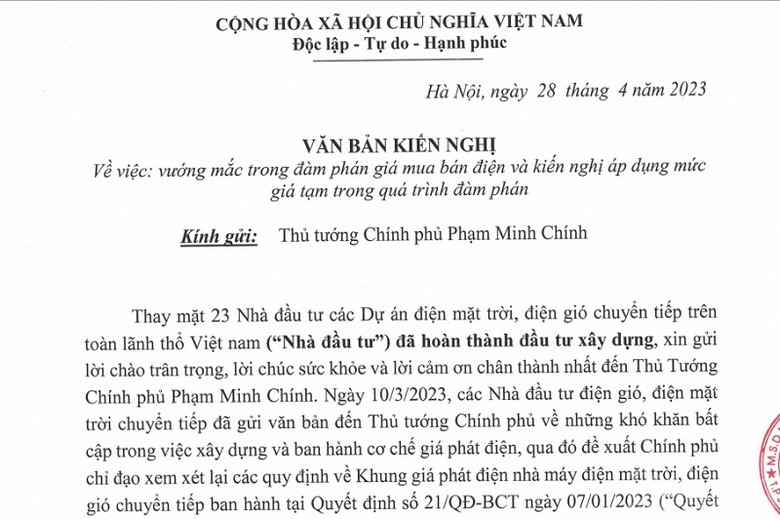Văn bản kiến nghị gửi lên Thủ tướng Chính phủ Phạm Minh Chính